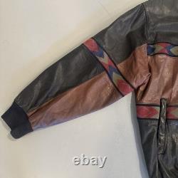 Vintage L Adler Western Aztec Two Tone Brown Black Leather Bomber Jacket Harley