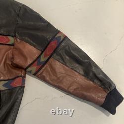 Vintage L Adler Western Aztec Two Tone Brown Black Leather Bomber Jacket Harley