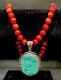 Vintage Large Estate 925 Sterling Turquoise Pend. With 16 Red Coral Bead Necklace