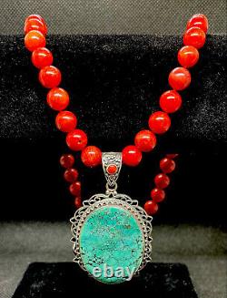 Vintage Large Estate 925 Sterling Turquoise Pend. With 16 Red Coral Bead Necklace