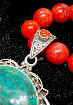 Vintage Large Estate 925 Sterling Turquoise Pend. With 16 Red Coral Bead Necklace