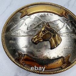 Vintage Large German Silver Western Horse Head Ribbon Scroll Belt Buckle