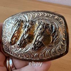 Vintage Large Horses Southwestern Belt Buckle 22k Gold Wash Over Sterling Silver