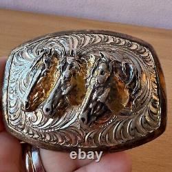 Vintage Large Horses Southwestern Belt Buckle 22k Gold Wash Over Sterling Silver