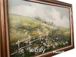 Vintage Large Original Oil Farm Hillside Daisies On Canvas By Nancy Lee-signed