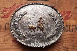 Vintage Large Sterling Silver Cowboy Calf Cutting Western Cowboy Belt Buckle