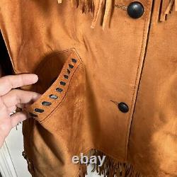 Vintage Lariat Fringe Hand Beaded Leather Jacket Women s Size Large Made in USA