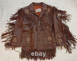 Vintage Lariat Fringe Leather Jacket Native American Southwestern Beads sz L