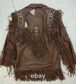 Vintage Lariat Fringe Leather Jacket Native American Southwestern Beads sz L