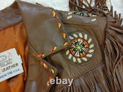 Vintage Lariat Fringe Leather Jacket Native American Southwestern Beads sz L