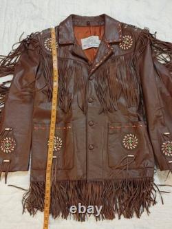 Vintage Lariat Fringe Leather Jacket Native American Southwestern Beads sz L