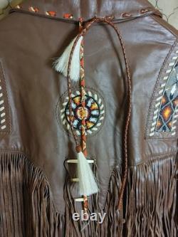 Vintage Lariat Fringe Leather Jacket Native American Southwestern Beads sz L