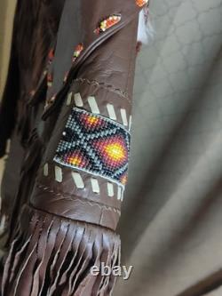 Vintage Lariat Fringe Leather Jacket Native American Southwestern Beads sz L