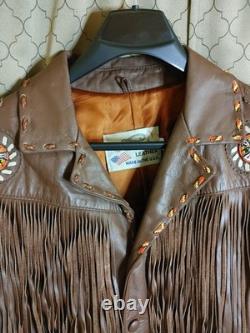 Vintage Lariat Fringe Leather Jacket Native American Southwestern Beads sz L