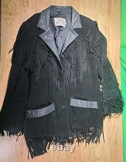 Vintage Lariat Western Tassel Fringe Black Leather Jacket Large