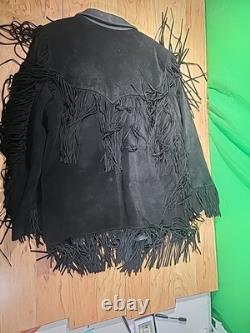 Vintage Lariat Western Tassel Fringe Black Leather Jacket Large