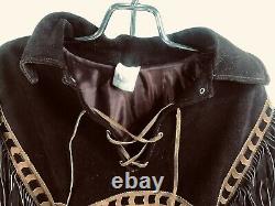 Vintage Leather Fringe Pullover Coat Outerwear Brown Sz 42 Large Western Cowboy