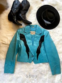Vintage Leather Jacket Pioneer Wear Turquoise & Black L