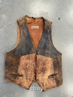 Vintage Leather Vest 70s Western Brown weathered Patina Mens Rare Large VTG Y2K