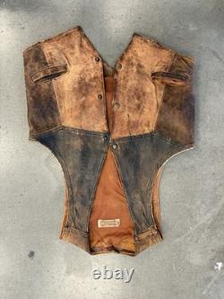 Vintage Leather Vest 70s Western Brown weathered Patina Mens Rare Large VTG Y2K