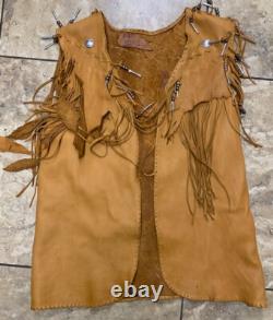 Vintage Leather Vest WHITE EAGLE Large Native Beaded Fringe Western