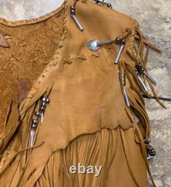 Vintage Leather Vest WHITE EAGLE Large Native Beaded Fringe Western