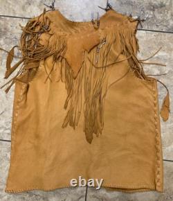 Vintage Leather Vest WHITE EAGLE Large Native Beaded Fringe Western