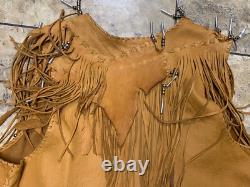 Vintage Leather Vest WHITE EAGLE Large Native Beaded Fringe Western