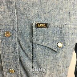 Vintage Lee Chambray Denim Jean Western Pearl Snap Work Farm Shirt Mod Hippy USA