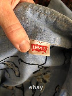 Vintage Levis Chambray Shirt 70s USA Embroidered Orange Tab Pearl Snap Floral L