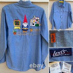 Vintage Levis Chambray Shirt Embroidered Gnome Gnomes Western Work Orange Tab L