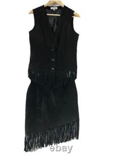 Vintage Lew Magram Leather Fringe Vest & Suede Skirt Black Boho Western Festival