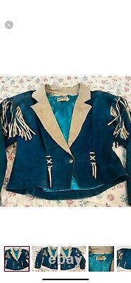 Vintage Lotus Western Jacket Large Blue Leather Fringe USA Made Idyllwind
