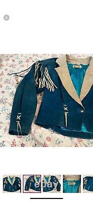 Vintage Lotus Western Jacket Large Blue Leather Fringe USA Made Idyllwind
