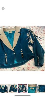 Vintage Lotus Western Jacket Large Blue Leather Fringe USA Made Idyllwind