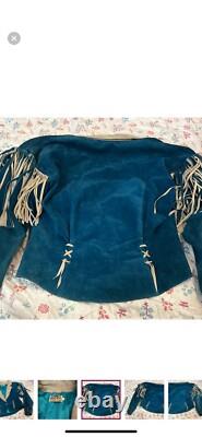 Vintage Lotus Western Jacket Large Blue Leather Fringe USA Made Idyllwind
