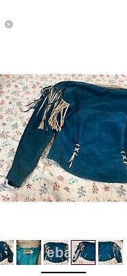 Vintage Lotus Western Jacket Large Blue Leather Fringe USA Made Idyllwind