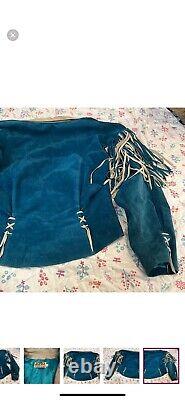 Vintage Lotus Western Jacket Large Blue Leather Fringe USA Made Idyllwind
