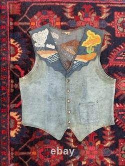 Vintage Made in Mexico Blue Suede Western Vest Embroidered Desert Scene Large