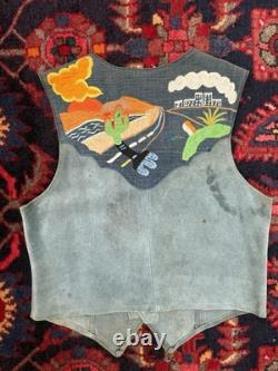 Vintage Made in Mexico Blue Suede Western Vest Embroidered Desert Scene Large