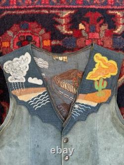 Vintage Made in Mexico Blue Suede Western Vest Embroidered Desert Scene Large