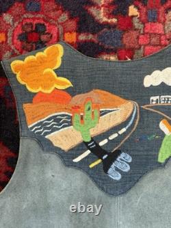 Vintage Made in Mexico Blue Suede Western Vest Embroidered Desert Scene Large