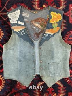 Vintage Made in Mexico Blue Suede Western Vest Embroidered Desert Scene Large