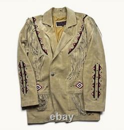 Vintage Men's Leather Suede Fringe Western Jacket Navajo Beaded 90s Sz L NWOT