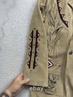 Vintage Men's Leather Suede Fringe Western Jacket Navajo Beaded 90s Sz L NWOT