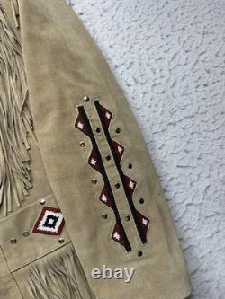 Vintage Men's Leather Suede Fringe Western Jacket Navajo Beaded 90s Sz L NWOT