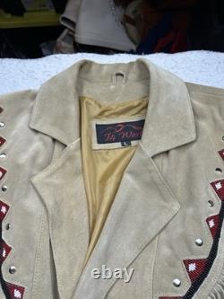 Vintage Men's Leather Suede Fringe Western Jacket Navajo Beaded 90s Sz L NWOT