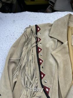 Vintage Men's Leather Suede Fringe Western Jacket Navajo Beaded 90s Sz L NWOT