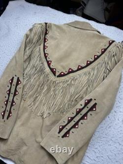 Vintage Men's Leather Suede Fringe Western Jacket Navajo Beaded 90s Sz L NWOT