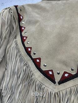 Vintage Men's Leather Suede Fringe Western Jacket Navajo Beaded 90s Sz L NWOT